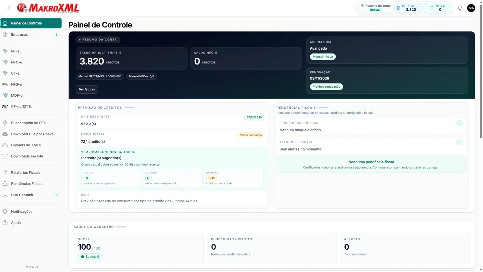 Painel de controle do MakroXML com saldo de créditos, assinatura, pendências fiscais e saúde do cadastro