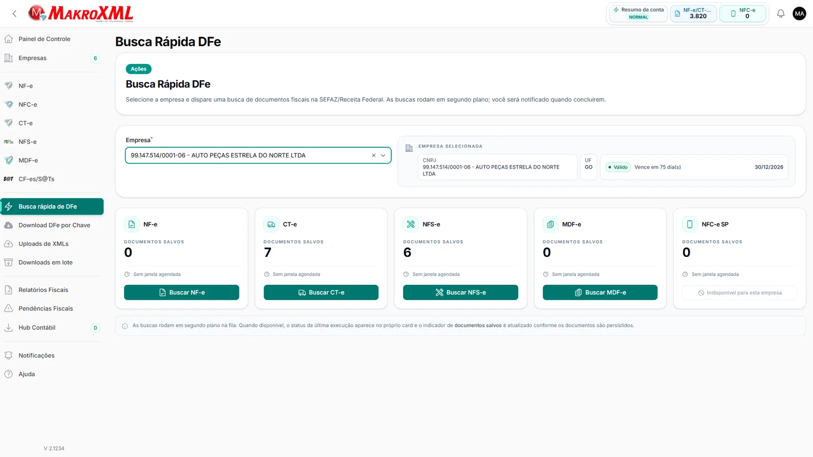 Tela de busca rápida de documentos fiscais por empresa