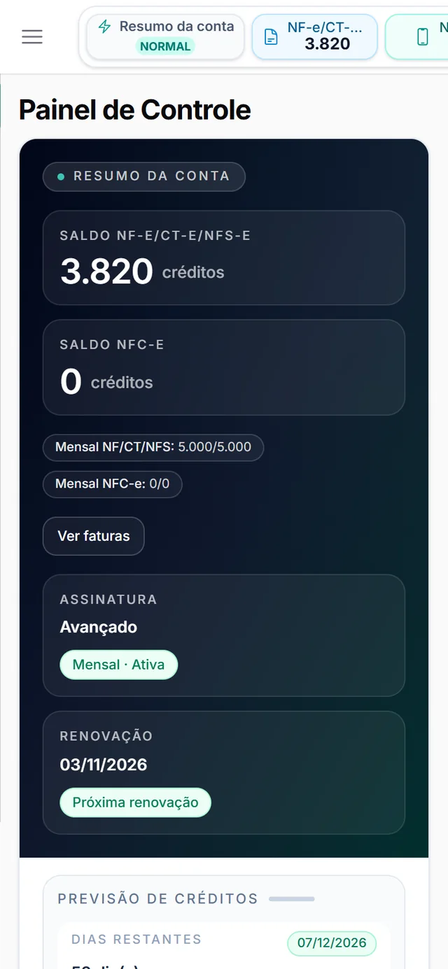 Painel de controle no celular